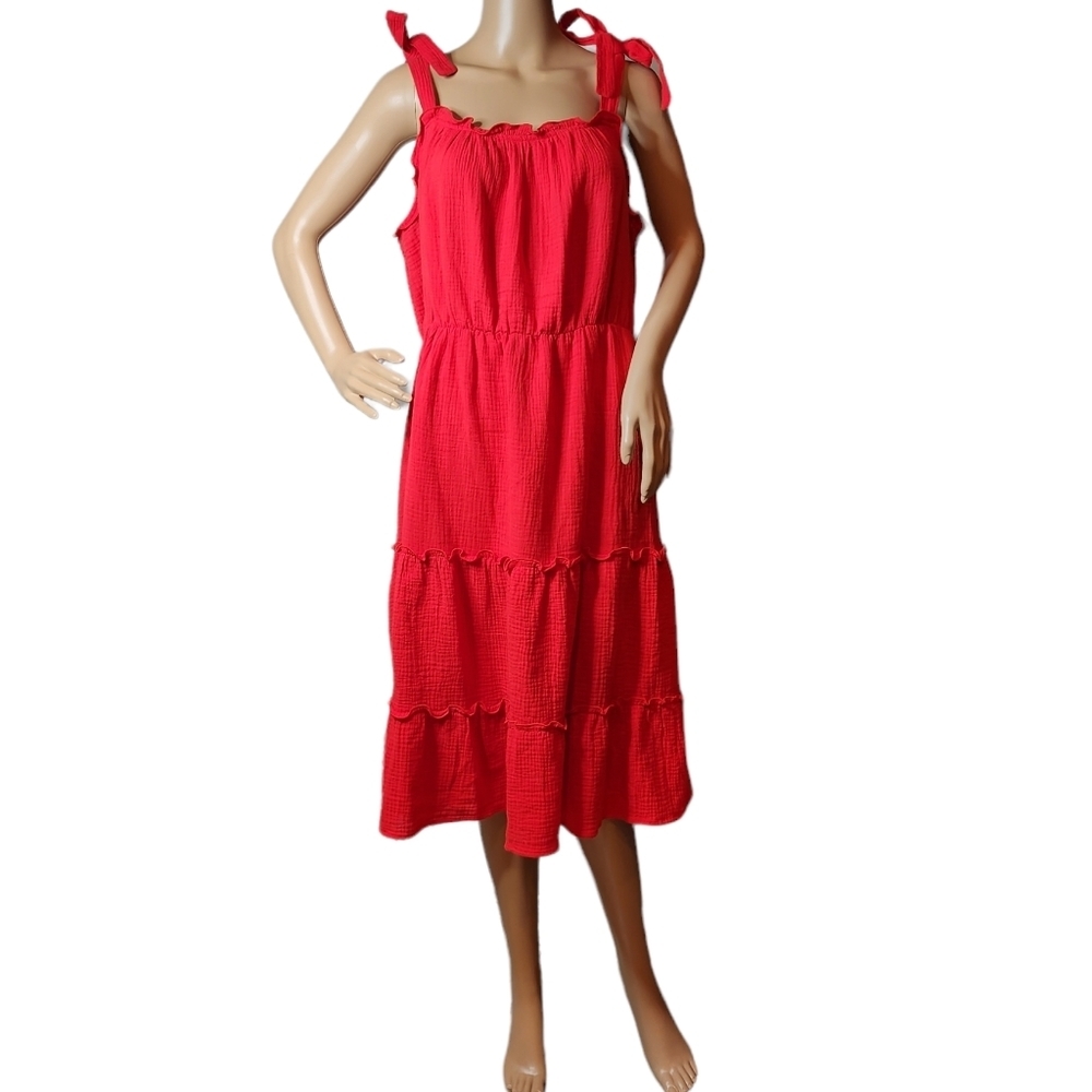 Indigo Rose red smocked cotton stretch tiered midi dress